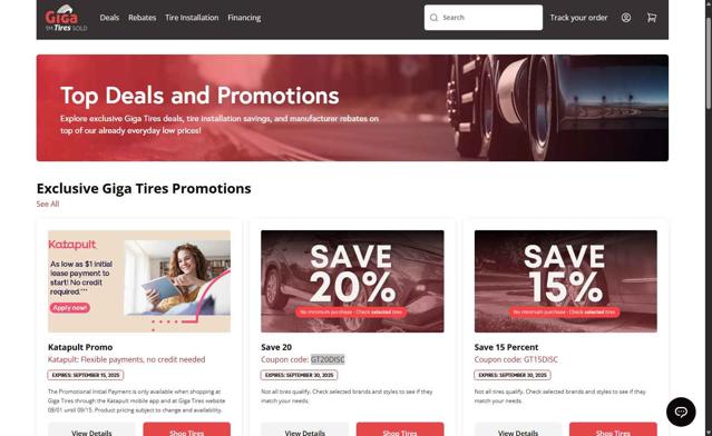 Giga Tires checkout page showing Giga Tires coupon code box | Screenshot taken by SimplyCodes community member on Sep 4, 2025