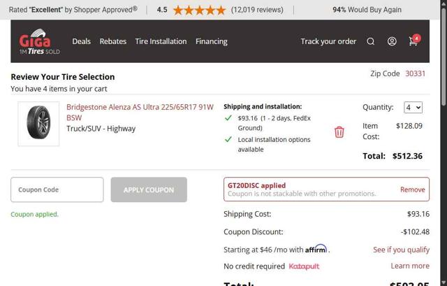 Giga Tires checkout page showing Giga Tires coupon code box | Screenshot taken by SimplyCodes community member on Sep 15, 2025