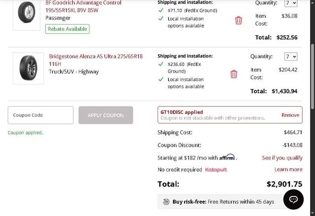 Giga Tires checkout page showing Giga Tires coupon code box | Screenshot taken by SimplyCodes community member on Sep 15, 2025