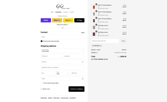 GiGi New York checkout page showing GiGi New York discount code box | Screenshot taken by SimplyCodes community member on Aug 31, 2025