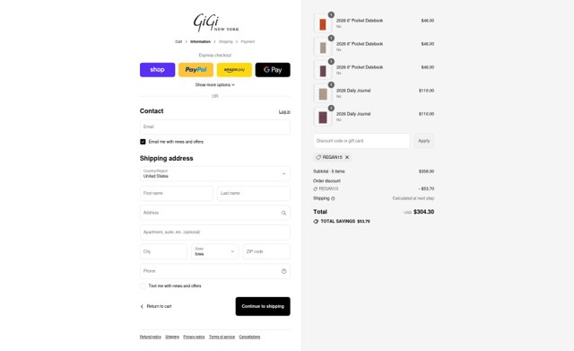 GiGi New York checkout page showing GiGi New York discount code box | Screenshot taken by SimplyCodes community member on Sep 4, 2025