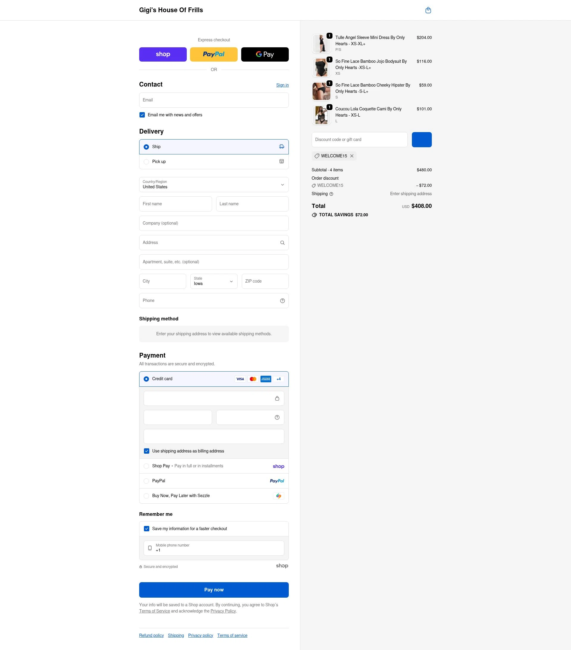 Gigi's House of Frills checkout page showing Gigi's House of Frills promo code box | Screenshot taken by SimplyCodes community member on Jan 26, 2026