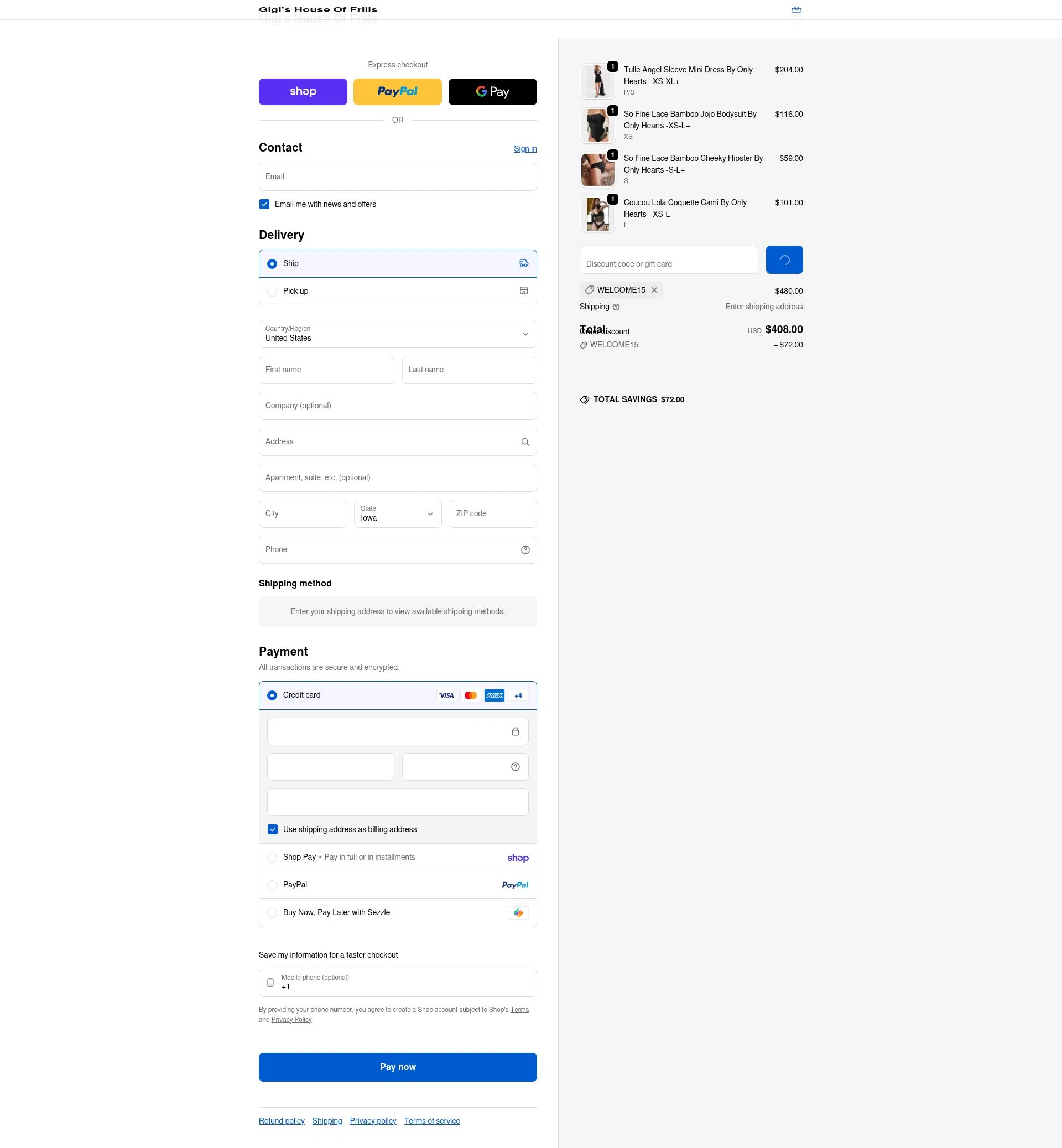 Gigi's House of Frills checkout page showing Gigi's House of Frills promo code box | Screenshot taken by SimplyCodes community member on Feb 8, 2026