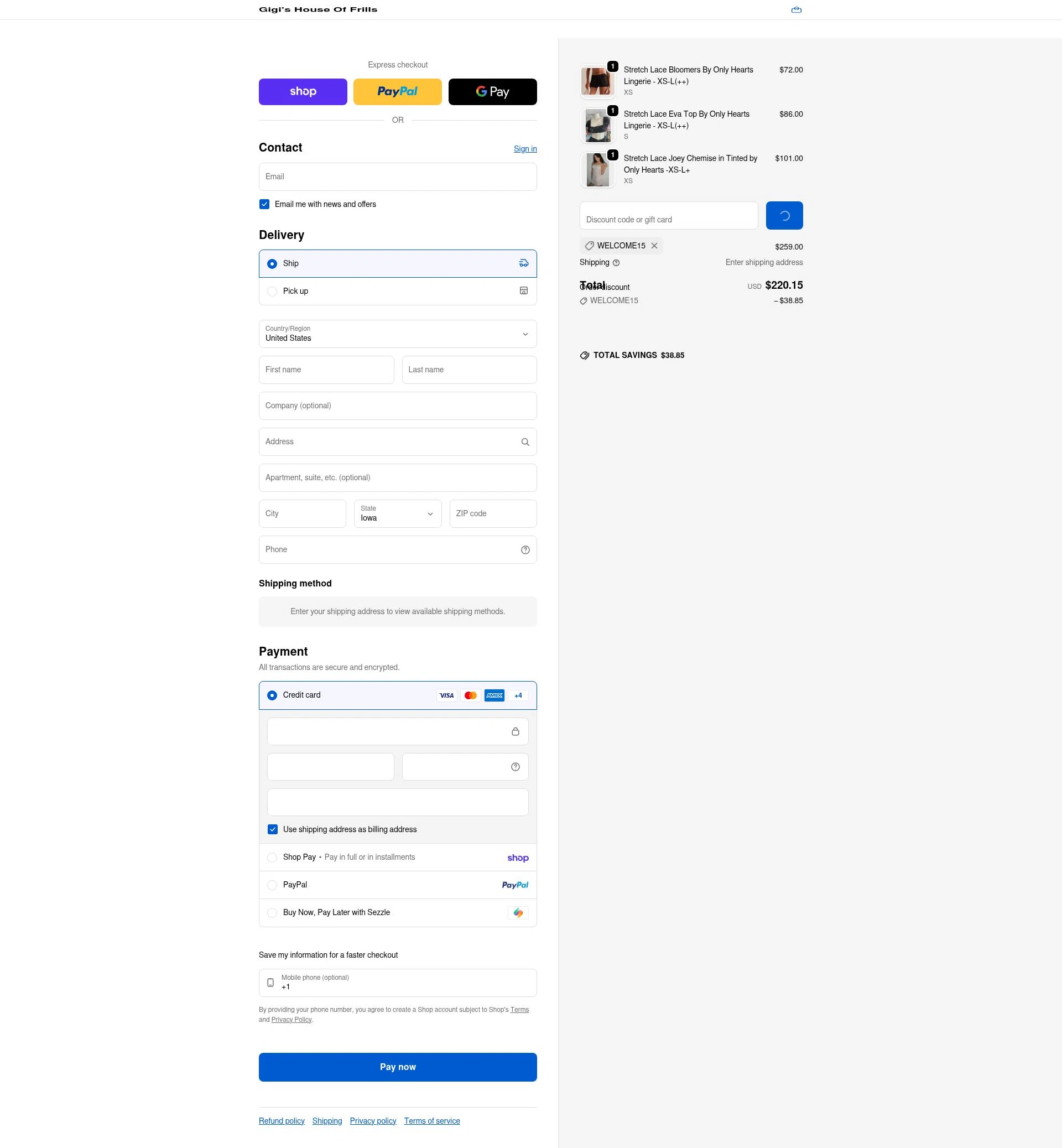 Gigi's House of Frills checkout page showing Gigi's House of Frills promo code box | Screenshot taken by SimplyCodes community member on Feb 17, 2026