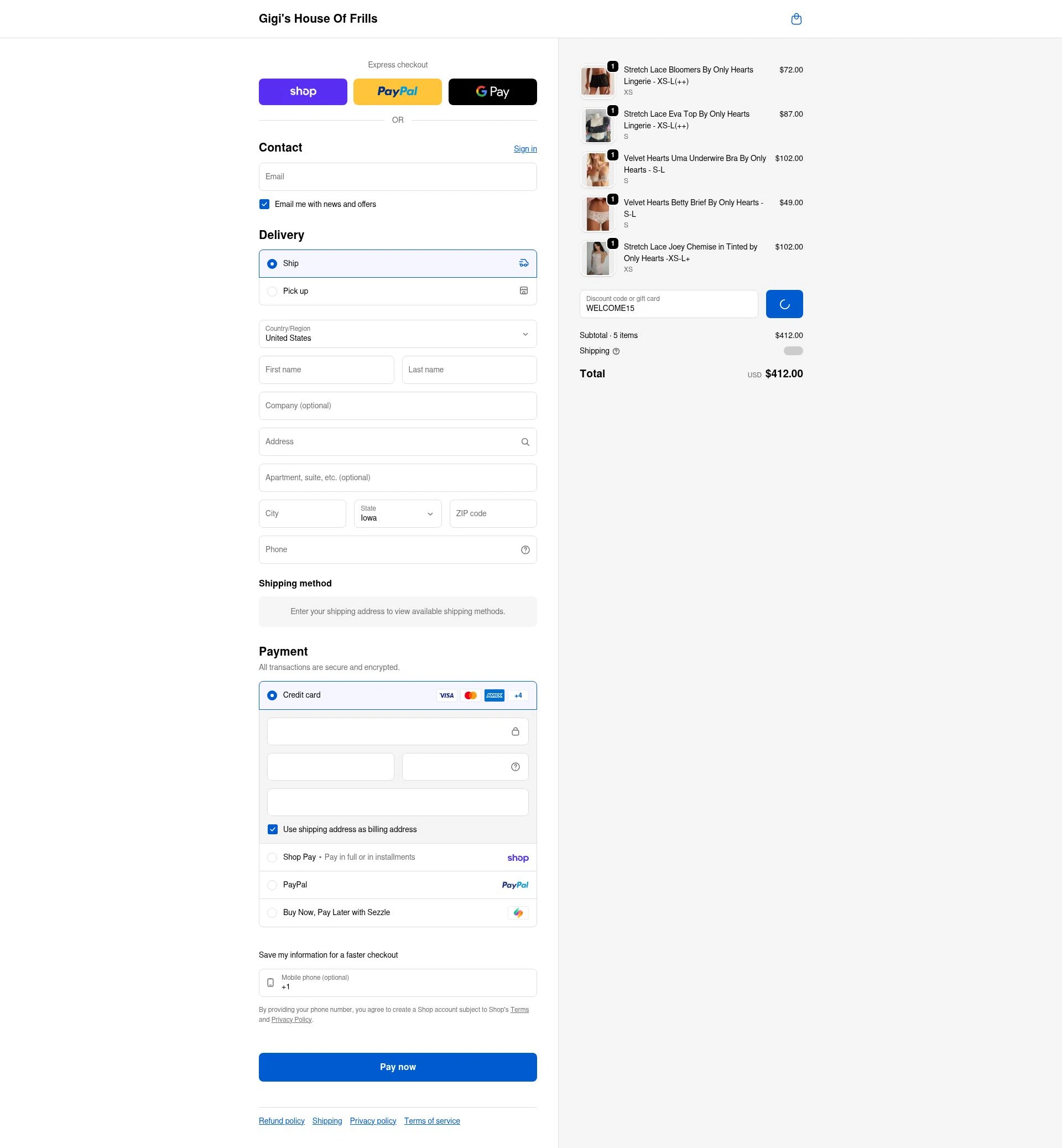 Gigi's House of Frills checkout page showing Gigi's House of Frills promo code box | Screenshot taken by SimplyCodes community member on Feb 12, 2026