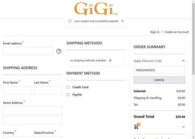 Gigi Spa checkout page showing Gigi Spa discount code box | Screenshot taken by SimplyCodes community member on May 18, 2025