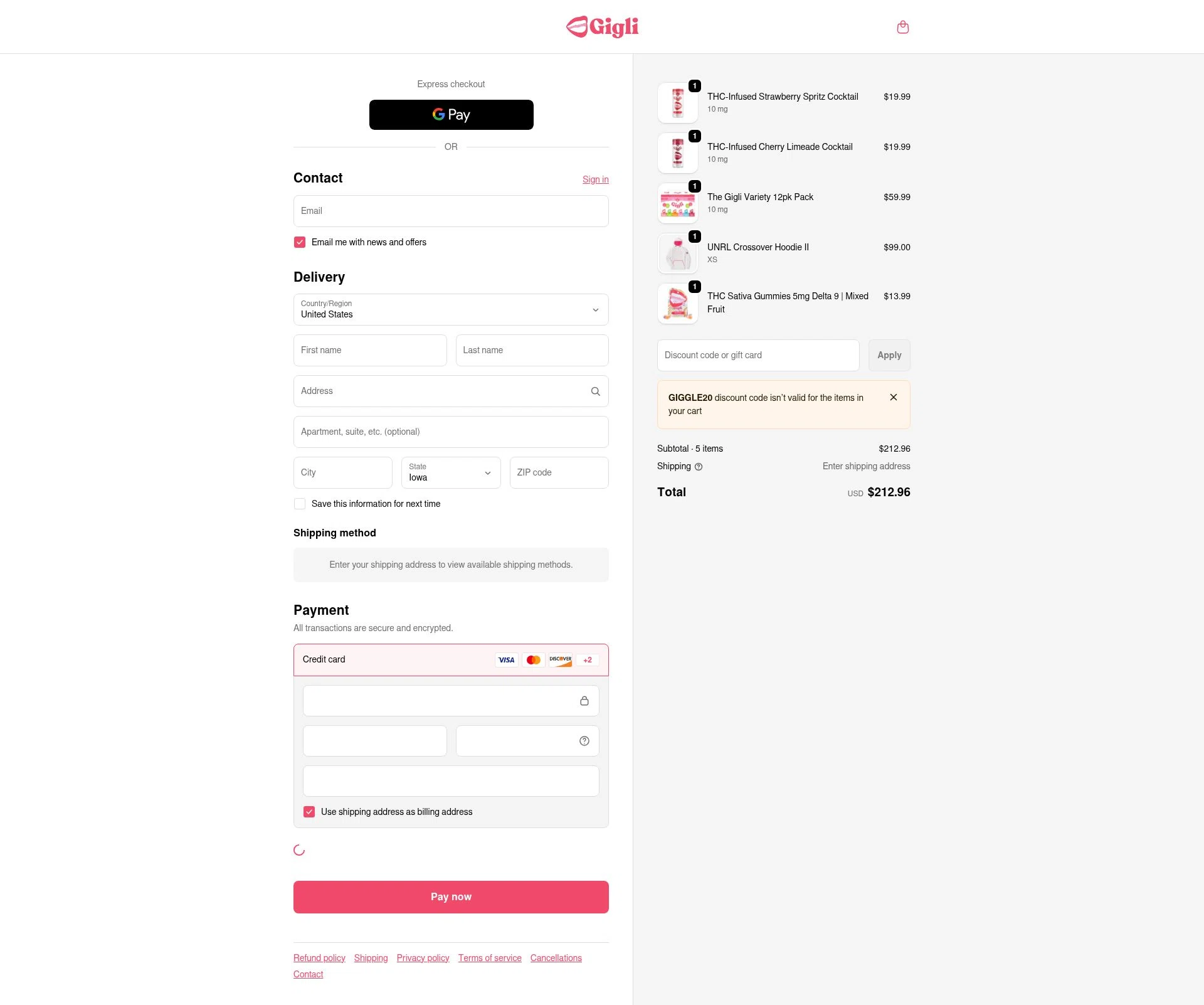 Gigli checkout page showing Gigli discount code box | Screenshot taken by SimplyCodes community member on Feb 11, 2026