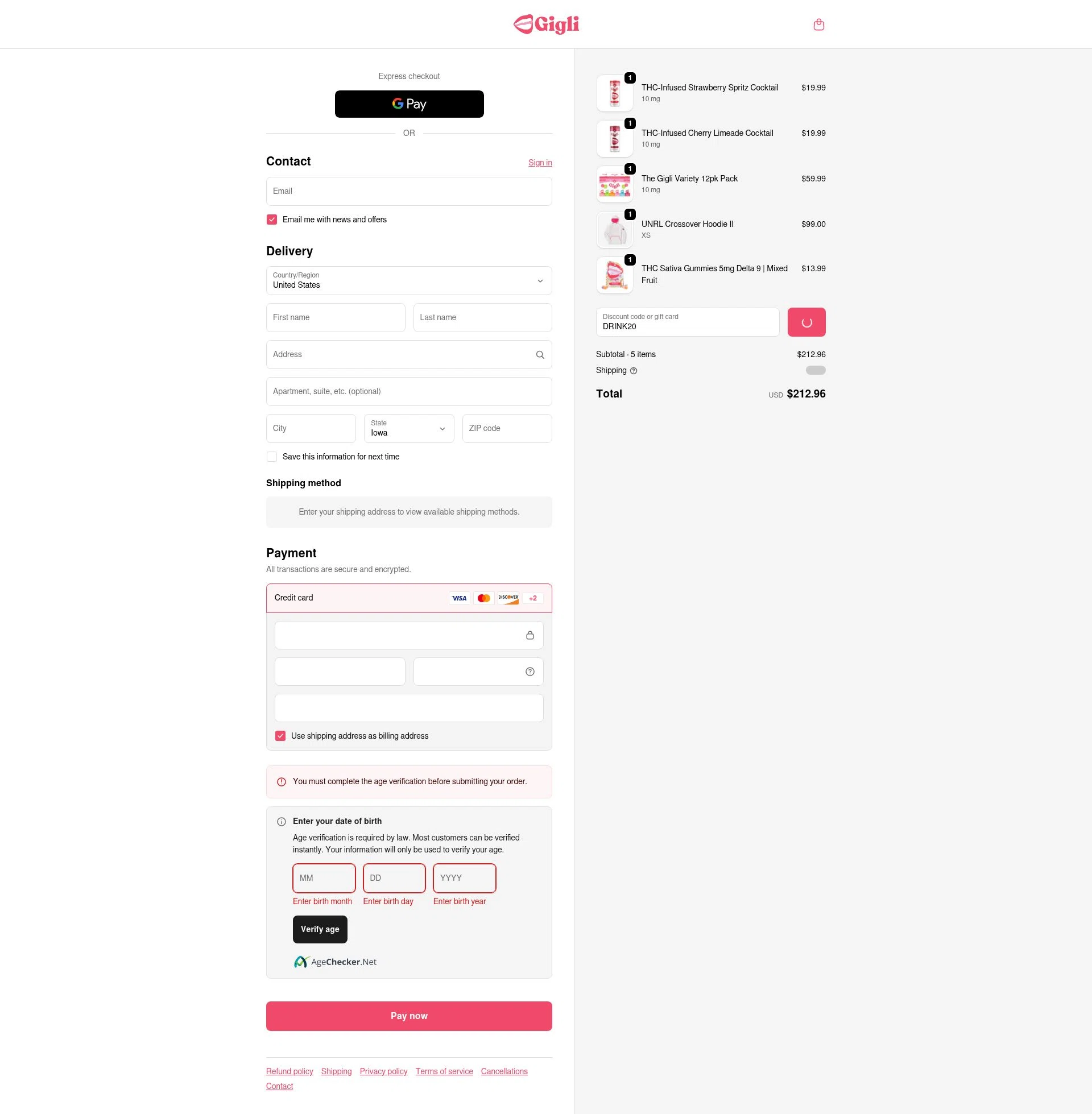 Gigli checkout page showing Gigli discount code box | Screenshot taken by SimplyCodes community member on Feb 6, 2026