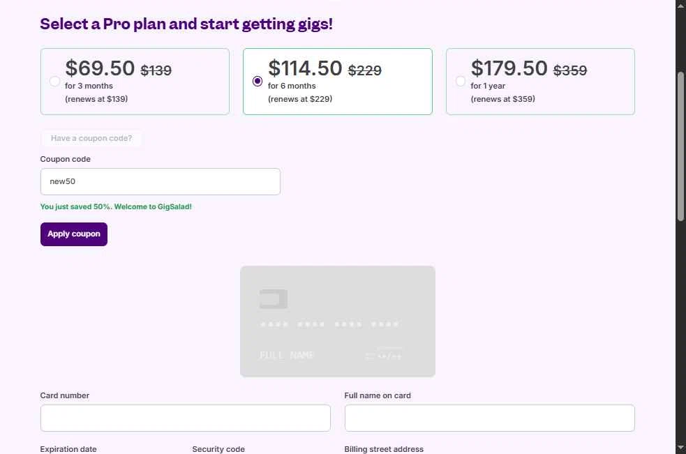 Gigsalad checkout page showing Gigsalad promo code box | Screenshot taken by SimplyCodes community member on Oct 27, 2025