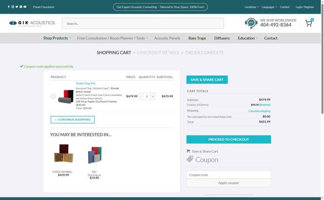 GIK Acoustics checkout page showing GIK Acoustics promo code box | Screenshot taken by SimplyCodes community member on Jul 16, 2025