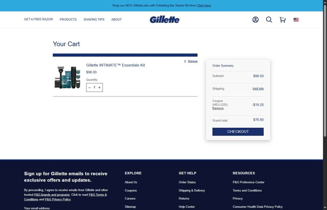 Gillette checkout page showing Gillette discount code box | Screenshot taken by SimplyCodes community member on Aug 26, 2025