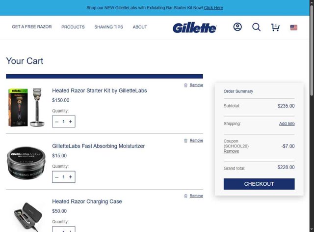 Gillette checkout page showing Gillette discount code box | Screenshot taken by SimplyCodes community member on Aug 15, 2025