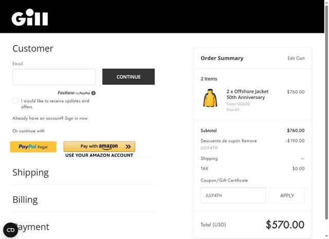 Gill Marine checkout page showing Gill Marine discount code box | Screenshot taken by SimplyCodes community member on Jul 2, 2025