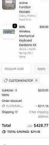 Gimsun Custom promo code screenshot showing code CUSTOMKINGTOP applied at Gimsun Custom checkout page. Uploaded by SimplyCodes community member CrownCollector7489 on Jun 9, 2026