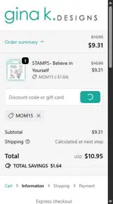 Gina K. Designs coupon verification screenshot