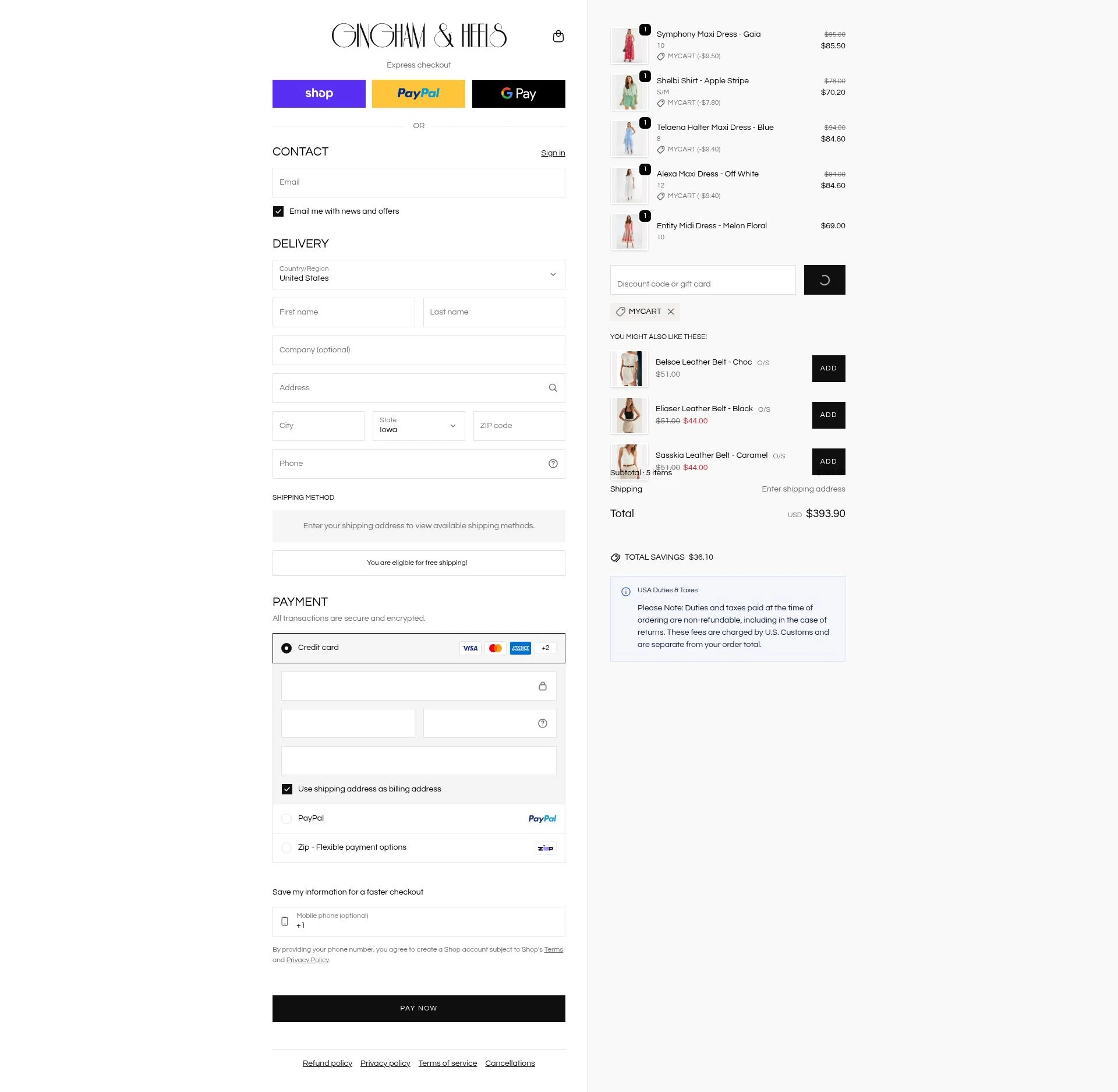 Gingham and Heels checkout page showing Gingham and Heels discount code box | Screenshot taken by SimplyCodes community member on Feb 9, 2026