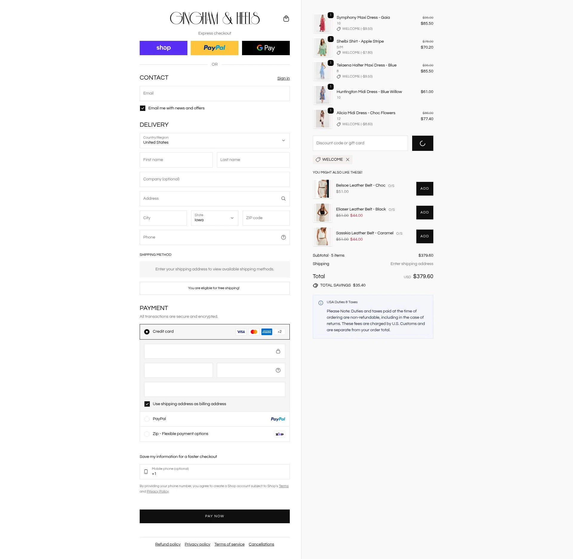 Gingham and Heels checkout page showing Gingham and Heels discount code box | Screenshot taken by SimplyCodes community member on Feb 13, 2026