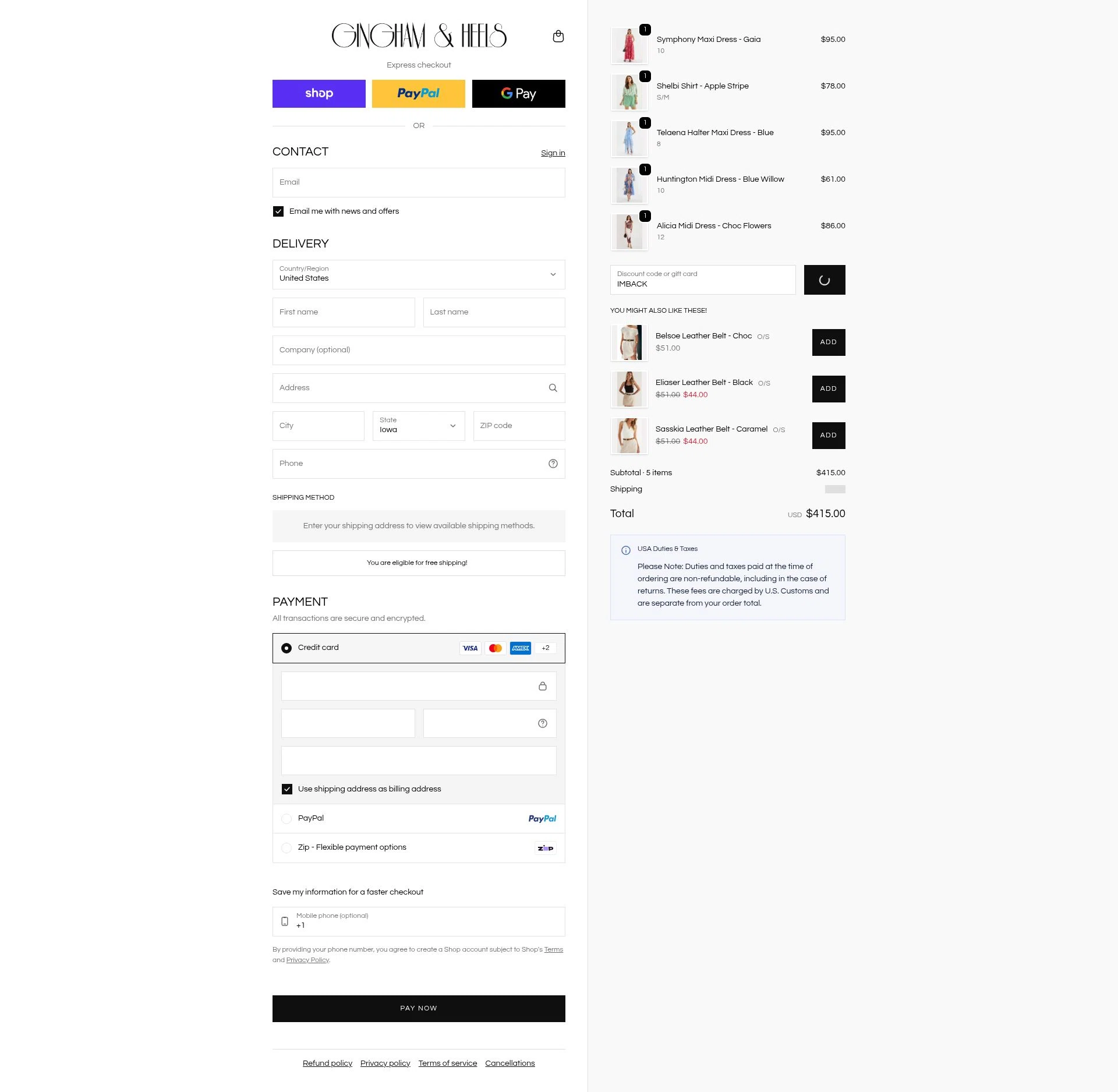 Gingham and Heels checkout page showing Gingham and Heels discount code box | Screenshot taken by SimplyCodes community member on Feb 13, 2026