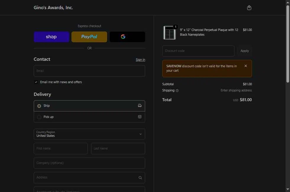 Gino's checkout page showing Gino's promo code box | Screenshot taken by SimplyCodes community member on Feb 11, 2026
