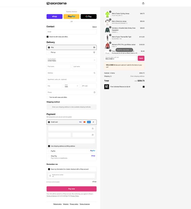 Giordana Cycling checkout page showing Giordana Cycling promo code box | Screenshot taken by SimplyCodes community member on Sep 11, 2025