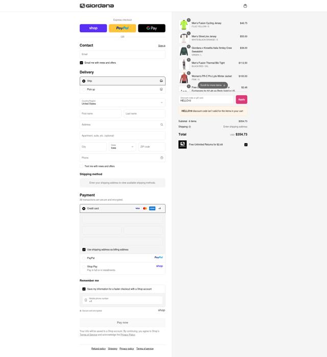 Giordana Cycling checkout page showing Giordana Cycling promo code box | Screenshot taken by SimplyCodes community member on Sep 11, 2025