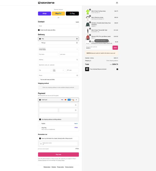 Giordana Cycling checkout page showing Giordana Cycling promo code box | Screenshot taken by SimplyCodes community member on Sep 7, 2025