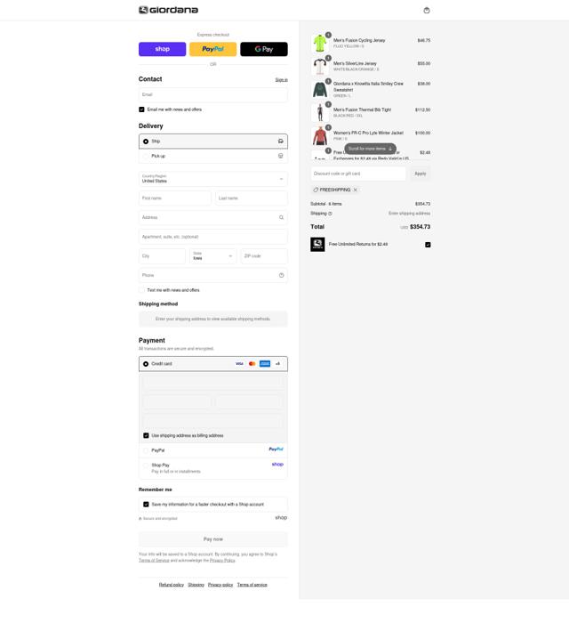 Giordana Cycling checkout page showing Giordana Cycling promo code box | Screenshot taken by SimplyCodes community member on Sep 11, 2025