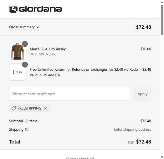 Giordana Cycling checkout page showing Giordana Cycling promo code box | Screenshot taken by SimplyCodes community member on Sep 14, 2025