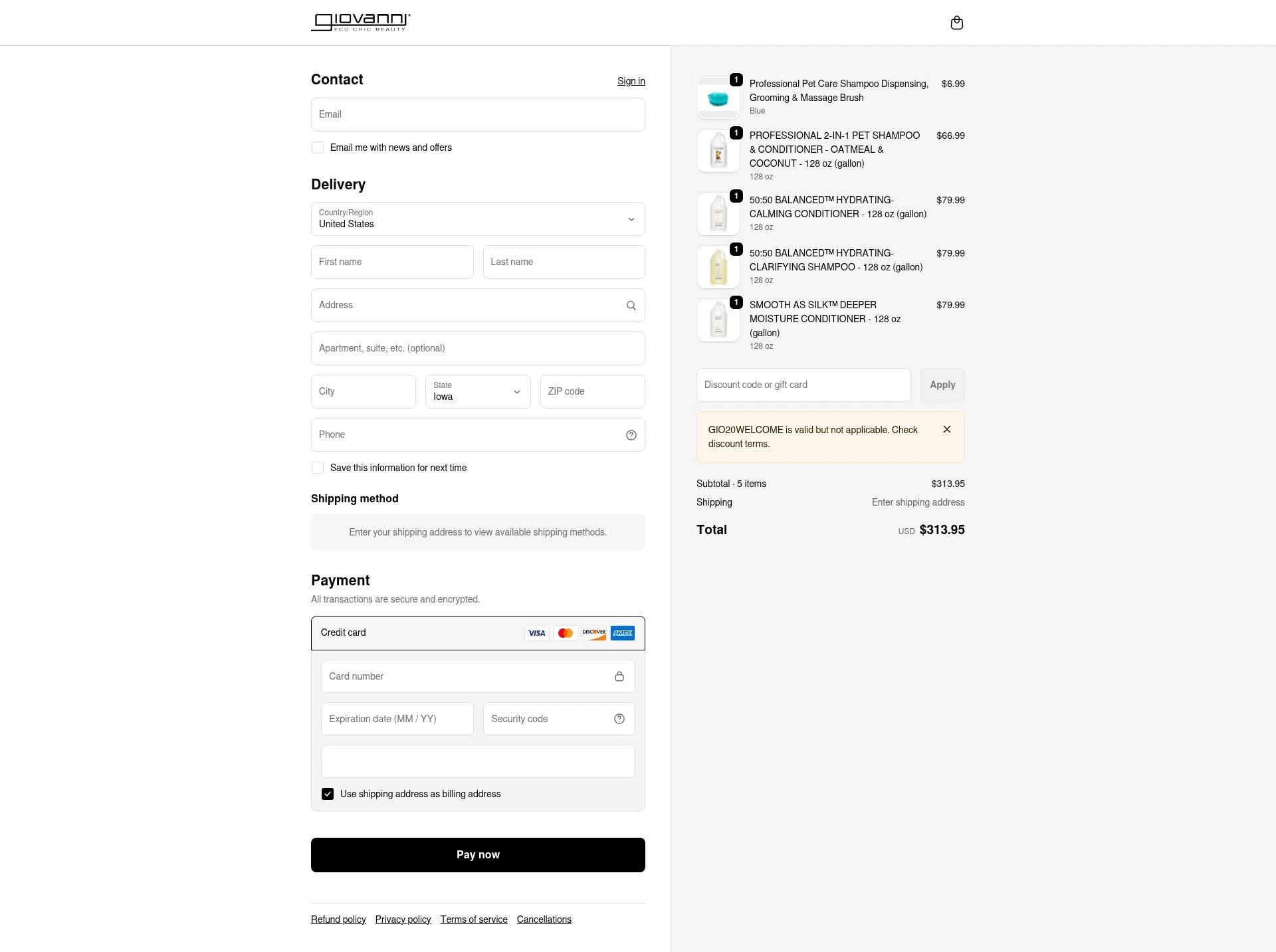 Giovanni checkout page showing Giovanni coupon code box | Screenshot taken by SimplyCodes community member on Jan 29, 2026
