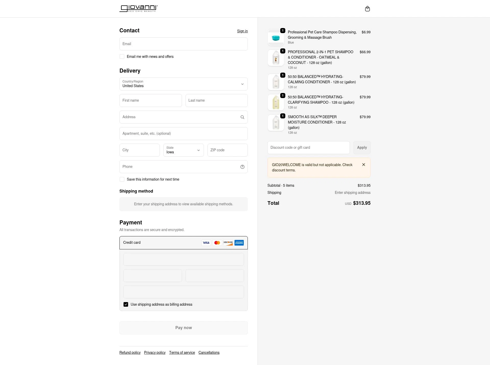 Giovanni checkout page showing Giovanni coupon code box | Screenshot taken by SimplyCodes community member on Feb 2, 2026