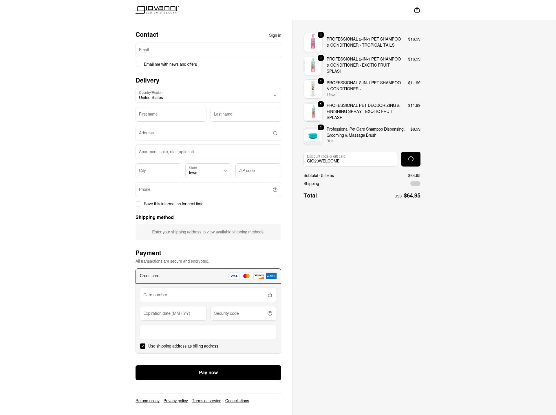 Giovanni checkout page showing Giovanni coupon code box | Screenshot taken by SimplyCodes community member on Feb 20, 2026