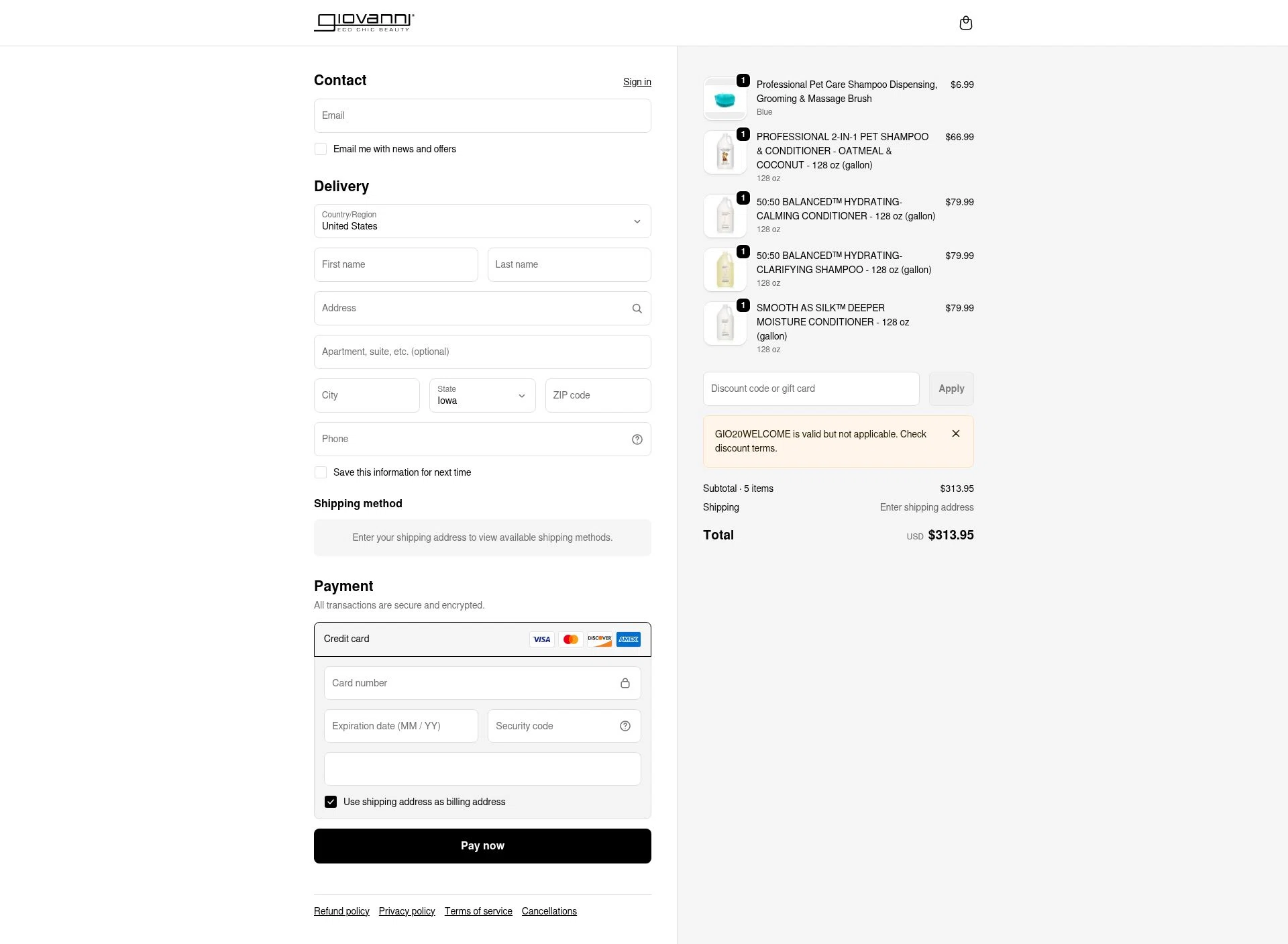Giovanni checkout page showing Giovanni coupon code box | Screenshot taken by SimplyCodes community member on Jan 20, 2026