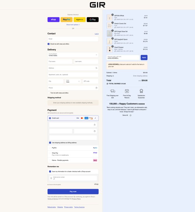 GIR.co checkout page showing GIR.co promo code box | Screenshot taken by SimplyCodes community member on Sep 8, 2025
