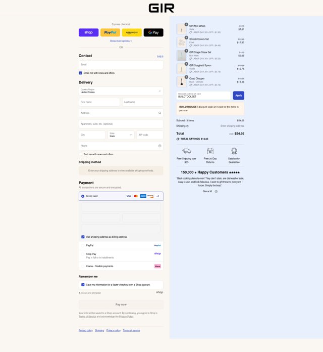 GIR.co checkout page showing GIR.co promo code box | Screenshot taken by SimplyCodes community member on Sep 8, 2025