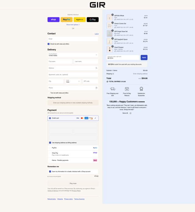 GIR.co checkout page showing GIR.co promo code box | Screenshot taken by SimplyCodes community member on Sep 8, 2025