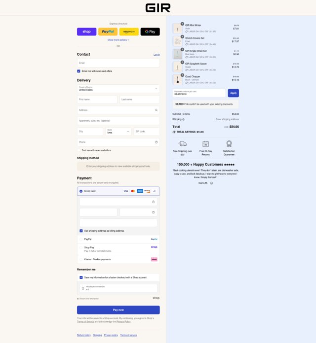 GIR.co checkout page showing GIR.co promo code box | Screenshot taken by SimplyCodes community member on Sep 8, 2025