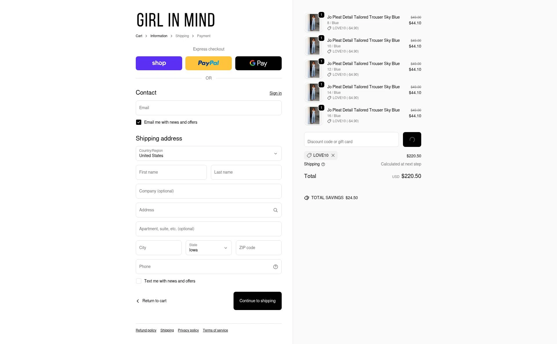 Girl In Mind checkout page showing Girl In Mind promo code box | Screenshot taken by SimplyCodes community member on Feb 15, 2026
