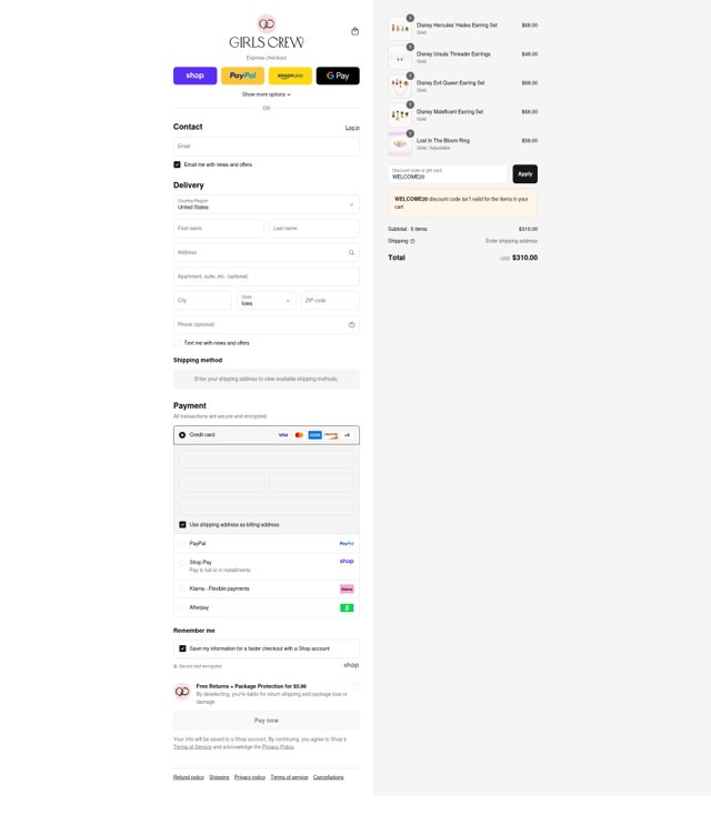 Girls Crew checkout page showing Girls Crew discount code box | Screenshot taken by SimplyCodes community member on Sep 2, 2025