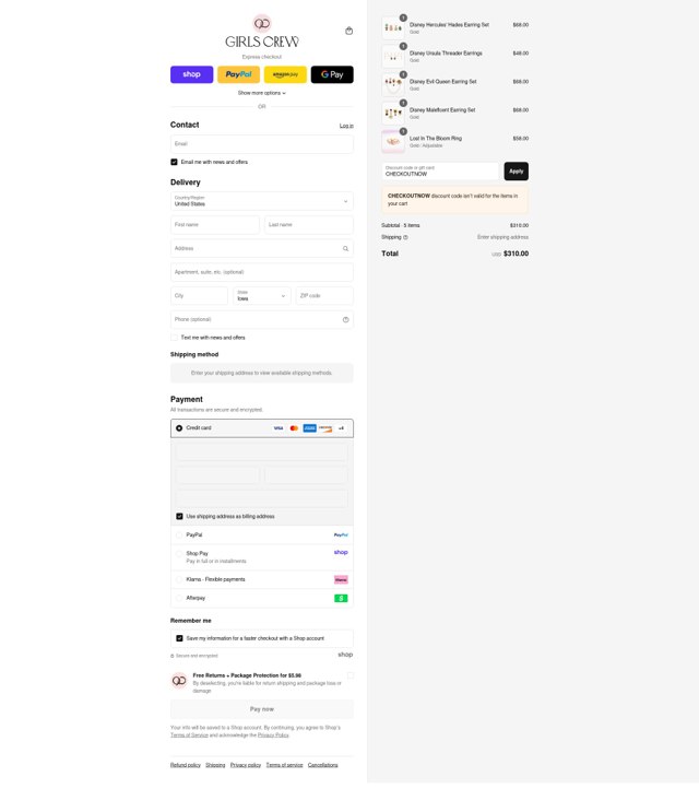 Girls Crew checkout page showing Girls Crew discount code box | Screenshot taken by SimplyCodes community member on Sep 2, 2025