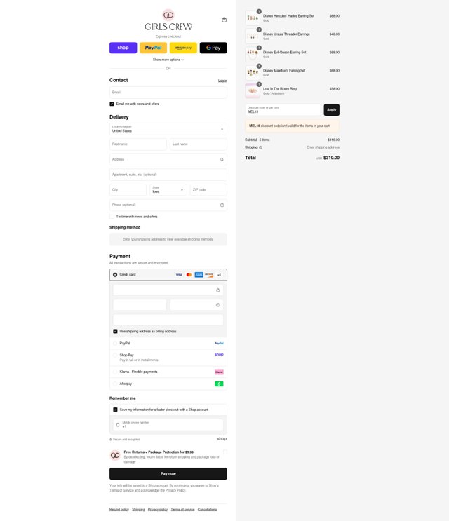 Girls Crew checkout page showing Girls Crew discount code box | Screenshot taken by SimplyCodes community member on Sep 2, 2025