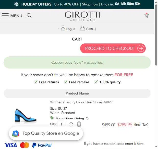 Girotti checkout page showing Girotti coupon code box | Screenshot taken by SimplyCodes community member on Jan 1, 2026
