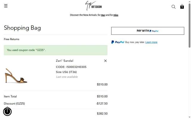 Giuseppe Zanotti checkout page showing Giuseppe Zanotti coupon code box | Screenshot taken by SimplyCodes community member on Jul 16, 2025