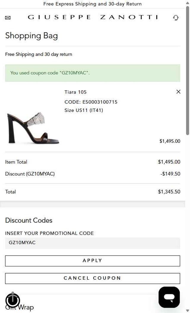 Giuseppe Zanotti checkout page showing Giuseppe Zanotti coupon code box | Screenshot taken by SimplyCodes community member on Jun 9, 2025