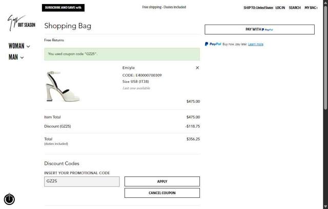 Giuseppe Zanotti checkout page showing Giuseppe Zanotti coupon code box | Screenshot taken by SimplyCodes community member on Aug 8, 2025