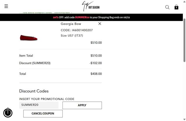 Giuseppe Zanotti checkout page showing Giuseppe Zanotti coupon code box | Screenshot taken by SimplyCodes community member on Jun 20, 2025