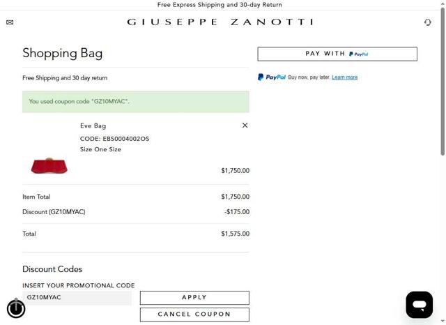 Giuseppe Zanotti checkout page showing Giuseppe Zanotti coupon code box | Screenshot taken by SimplyCodes community member on Jun 9, 2025