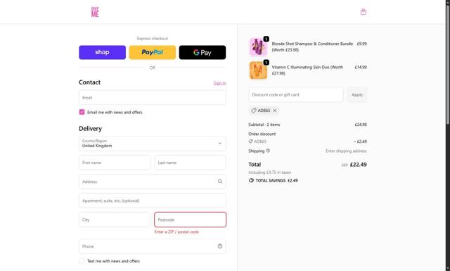 Give Me Cosmetics checkout page showing Give Me Cosmetics discount code box | Screenshot taken by SimplyCodes community member on Sep 23, 2025