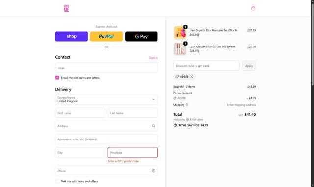 Give Me Cosmetics checkout page showing Give Me Cosmetics discount code box | Screenshot taken by SimplyCodes community member on Sep 22, 2025