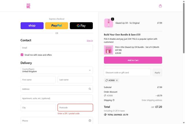 Give Me Cosmetics checkout page showing Give Me Cosmetics discount code box | Screenshot taken by SimplyCodes community member on Sep 22, 2025