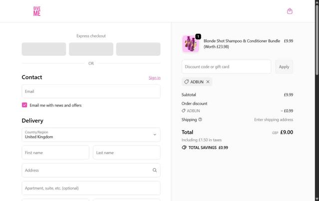 Give Me Cosmetics checkout page showing Give Me Cosmetics discount code box | Screenshot taken by SimplyCodes community member on Sep 25, 2025